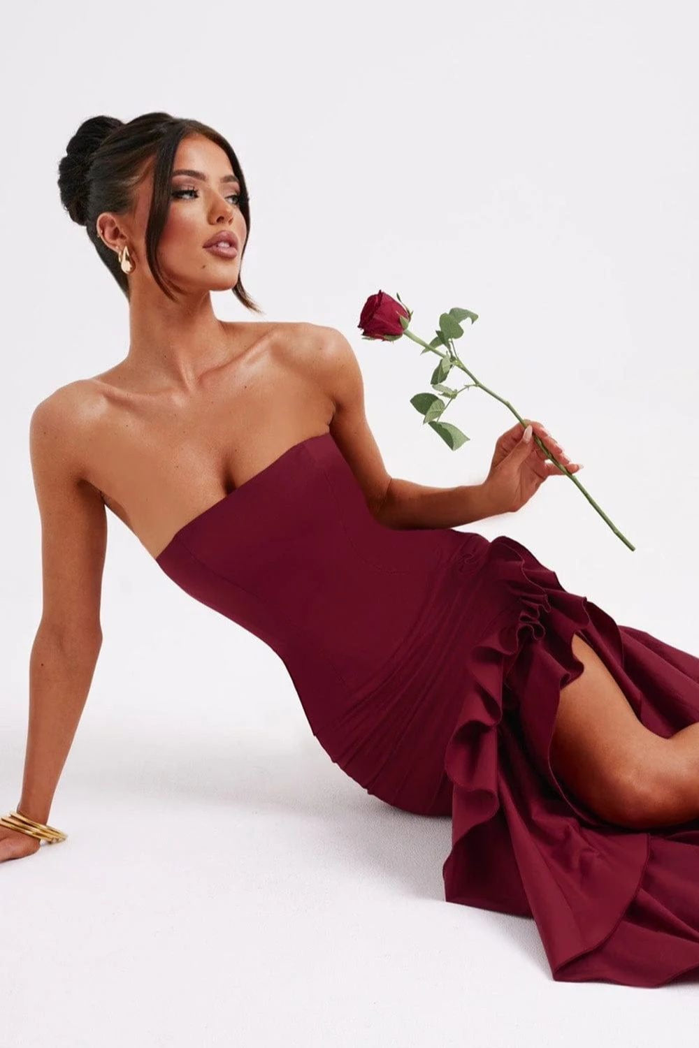 Strapless Corset Bustier High Split Ruffle Trim Mermaid Maxi Cocktail Dress