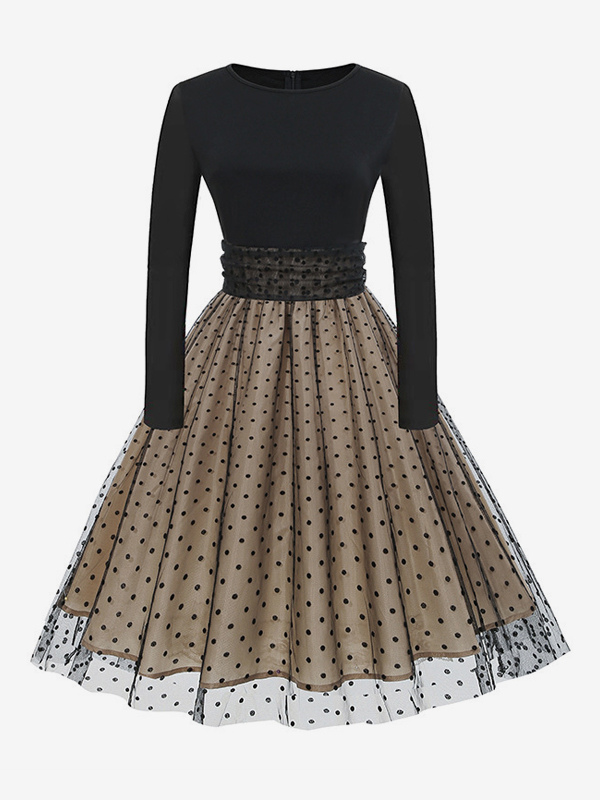 Retro Glamour Dress 1950s Style Jewel Neck Layered Short Sleeves Medium Polka Dot Rockabilly Dress
