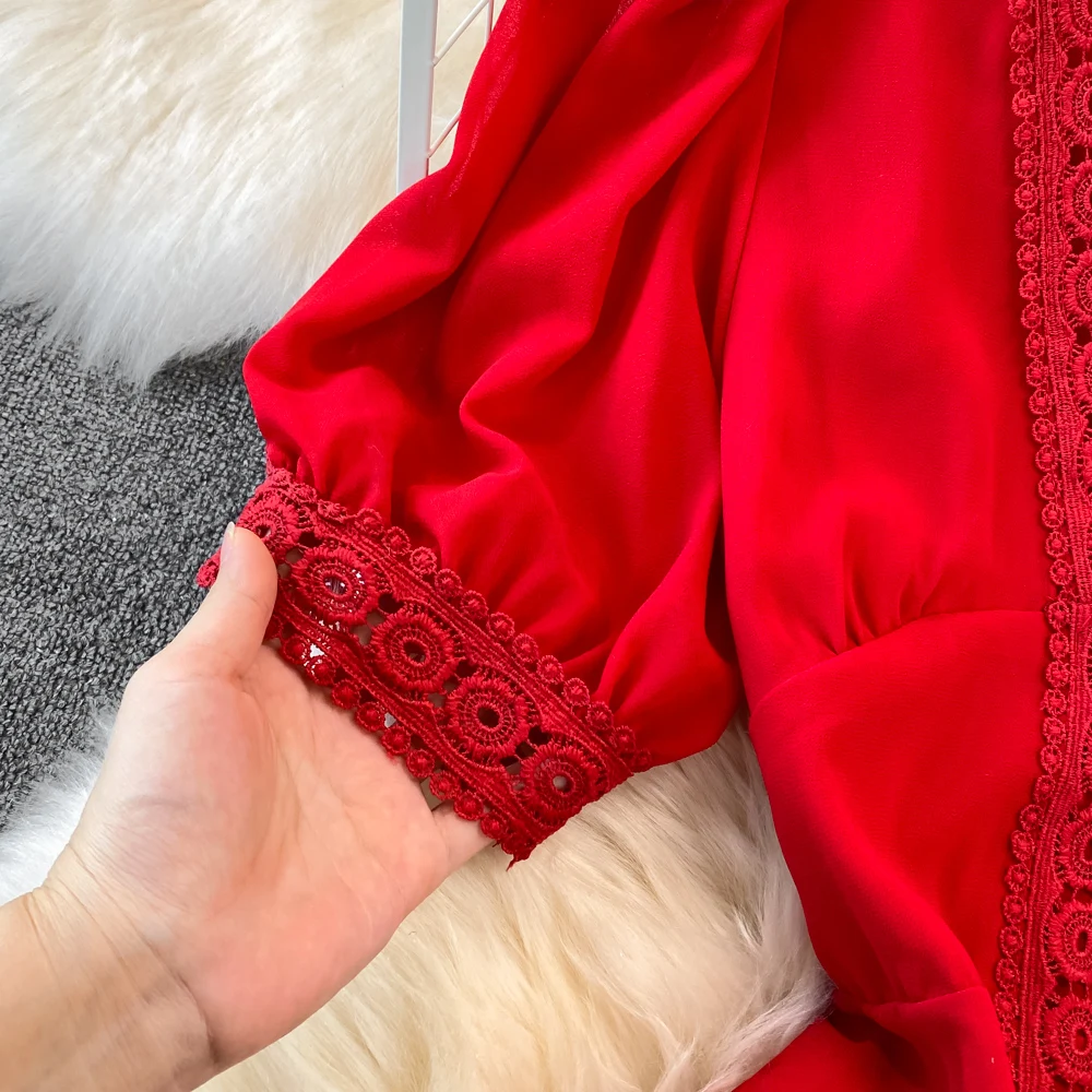 New Women Vintage Party Dress Summer Puff Sleeve Sexy V Neck Lace Single-breasted Long Dresses Ladies A Line Elegant Long Robe 10 New Women Vintage Party Dress Summer Puff Sleeve Sexy V Neck Lace Single-breasted Long Dresses Ladies A Line Elegant Long Robe