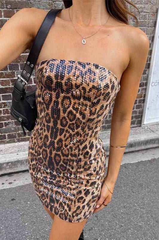 Strapless Print Sequin Column Bodycon Mini Dress