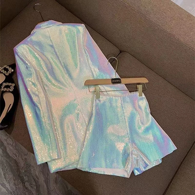 Ootddress Sparkly Blazer Short Suit For Women 2025 Autumn Turn-down Collar Blazer Jaclets And Shorts Ladies 2 Piece Sets Outfits