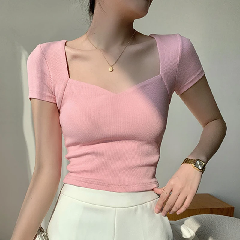 Women Square Neck Rib Crop T-shirt Summer Short Sleeve Crop Top Ladies Sexy Solid Color Short Tops Basic Black Tee Shirt