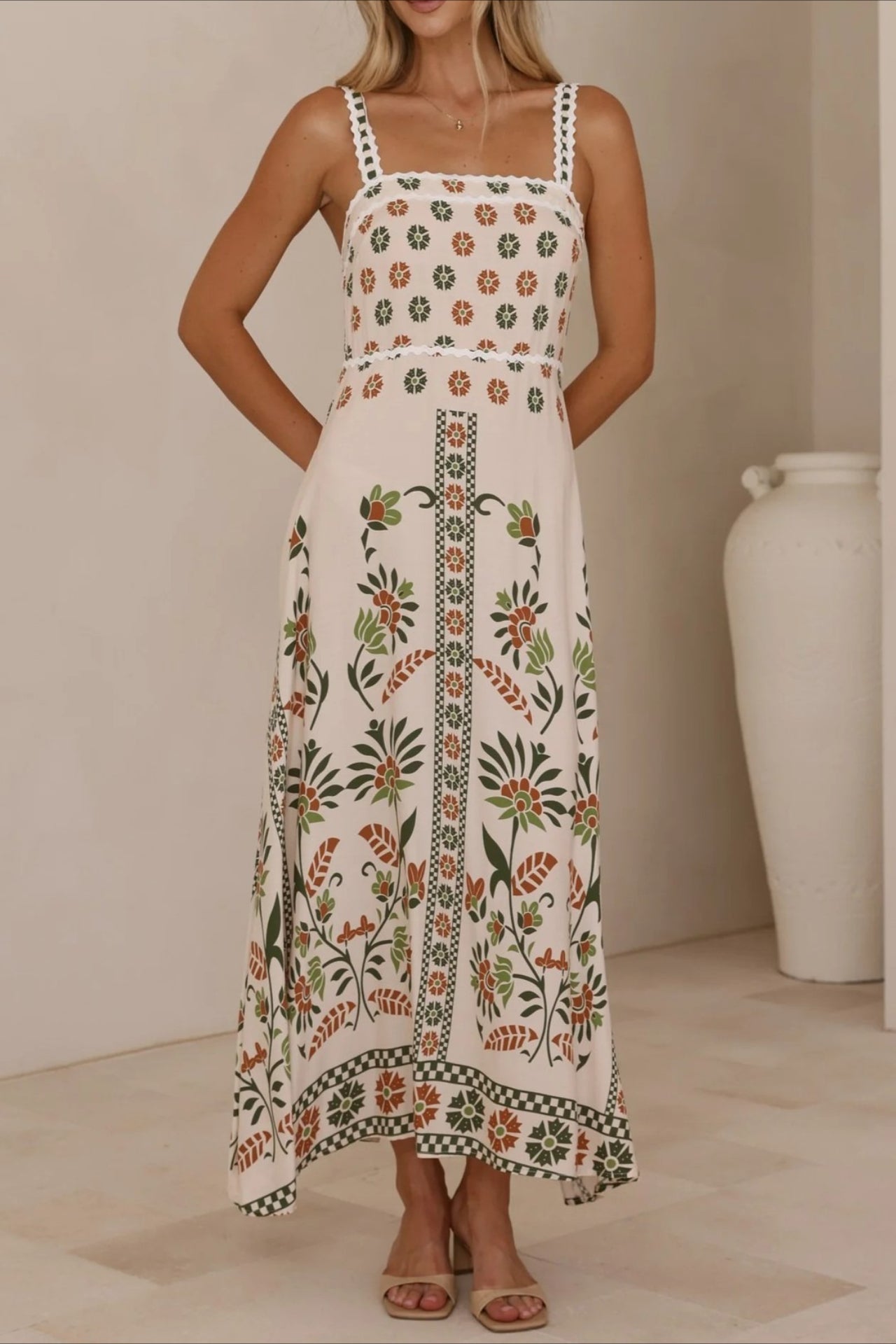 Square Neck Lace Trim Empire Waist Geometric Floral Border Maxi Dress