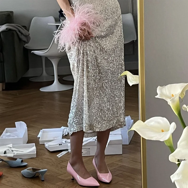 Ootddress Sequins Loose Dress Sets Women Long Sleeve Crop Tops High Waist Sexy Maxi Skirts Ladies Two Piece Suits Womens Outifits