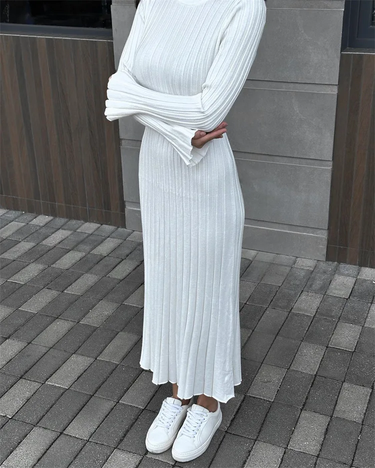 Ootddress Black Autumn Knitwear Maxi Dress Women's Ribbed Loose Patchwork Fashion High Waist Solid Dress Femal Bodycon Knit Dress