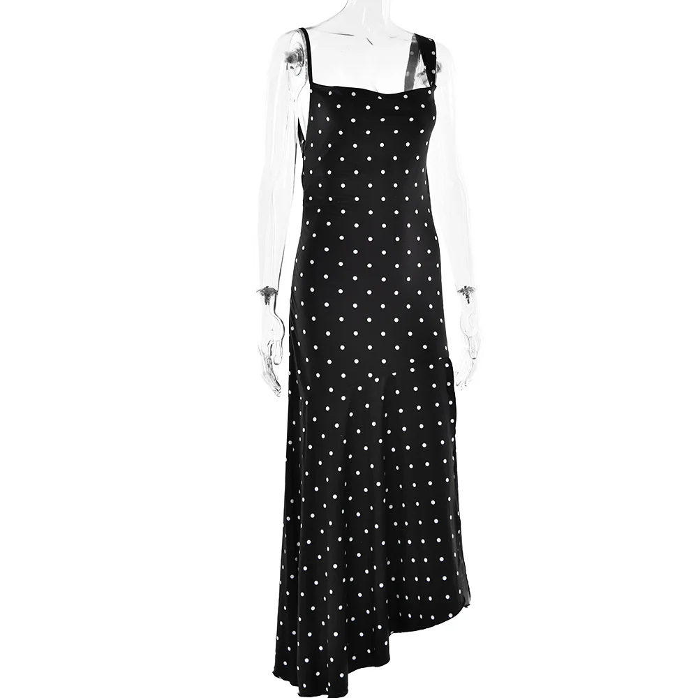 Ootddress Sexy Spaghetti Straps Slim High Slit Dress Women Polka Dot Maxi Dress V-Neck Temperament Slim Fit Party Evening Vestidos