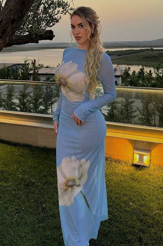 High Neck Long Sleeve Large Floral Print Mesh Bodycon Maxi Dress