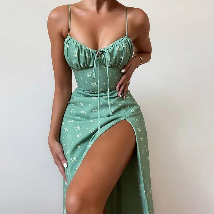 Flower Printed Spaghetti Strap Dresses For Women Sexy Low Cut Beach Party Slim Slit Dress Chic Bodycon Lady Sleeveless Vestidos 11 undefined