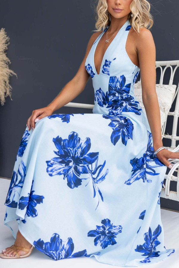 Floral Print V-neck Backless Tie-up Fitted Waist Elegant Maxi Dress