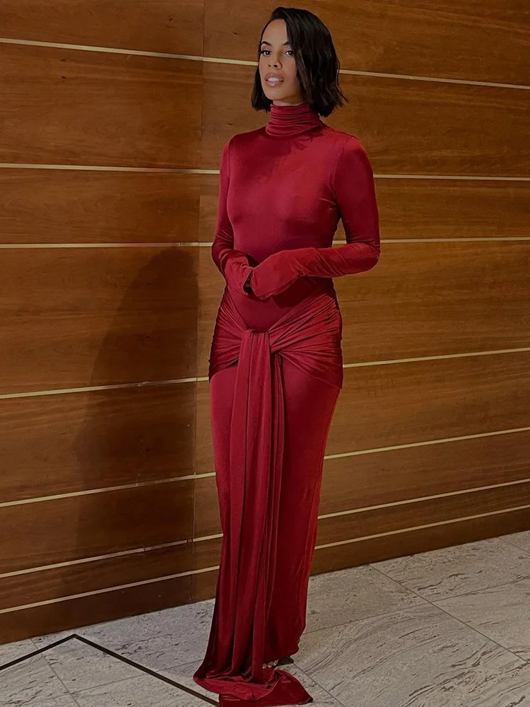 首图2.jpg Ootddress High Neck Long Sleeve Bodycon Dress For Women Tight Elastic Lace Up Maxi Long Dress Autumn New Party Club Vestidos