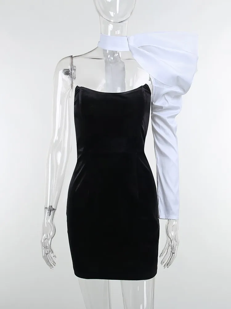 Ootddress Elegant Bandage One Shoulder Lantern Sleeve Mini Dress Party Patchwork Backless Sexy Night Bodycon Clubwear Dress 2025