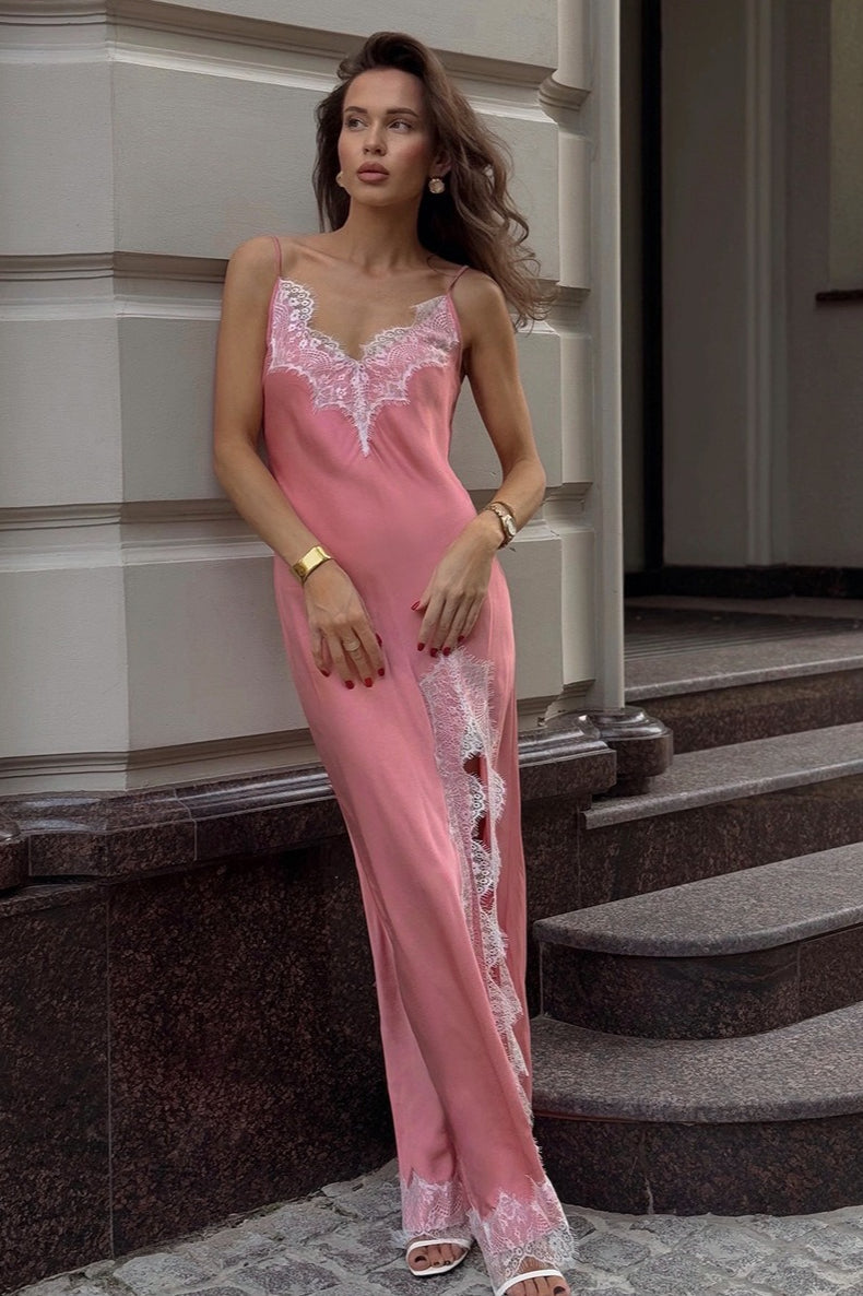 Spaghetti Strap V Neck Eyelash Lace Trim Patchwork Slit Maxi Dress