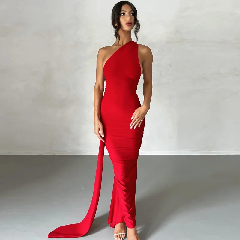 Ootddress Oblique Shoulder Backless Maxi Dress For Women Gown Summer Back Strap Sleeveless Ruched Party Sexy Long Dress Vestidos