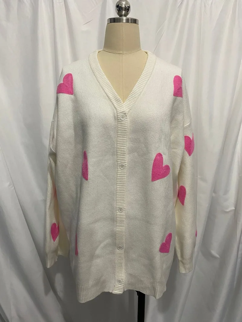 Ootddress Knitted Women Cardigan Long Sleeve Loose Deep V Neck Sweater Women's Casual Embroidery Heart Women Autumn Coat 2025 New