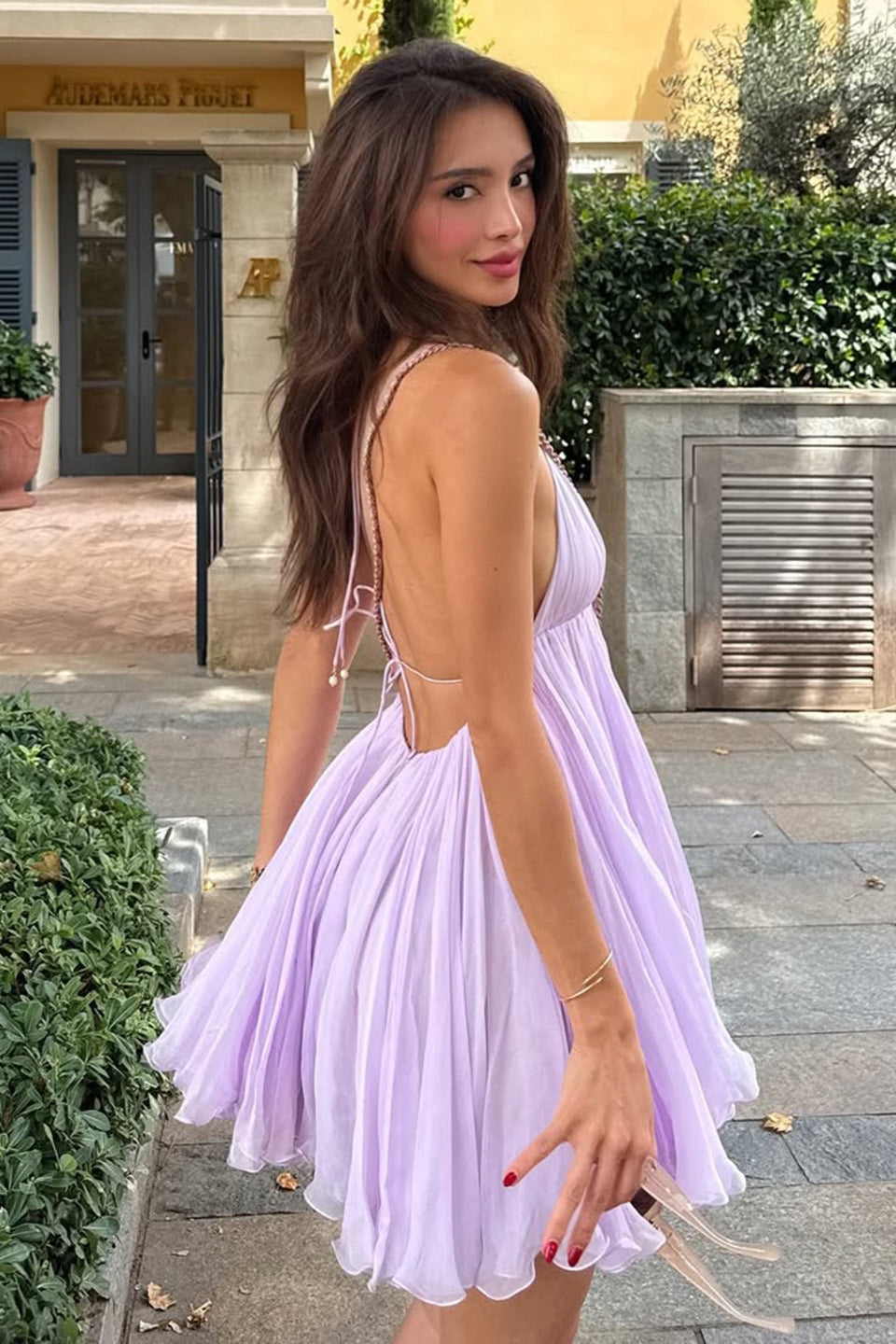 Halter Tie Neck Pleated Chiffon Empire Waist Ruffle Hem Mini Dress