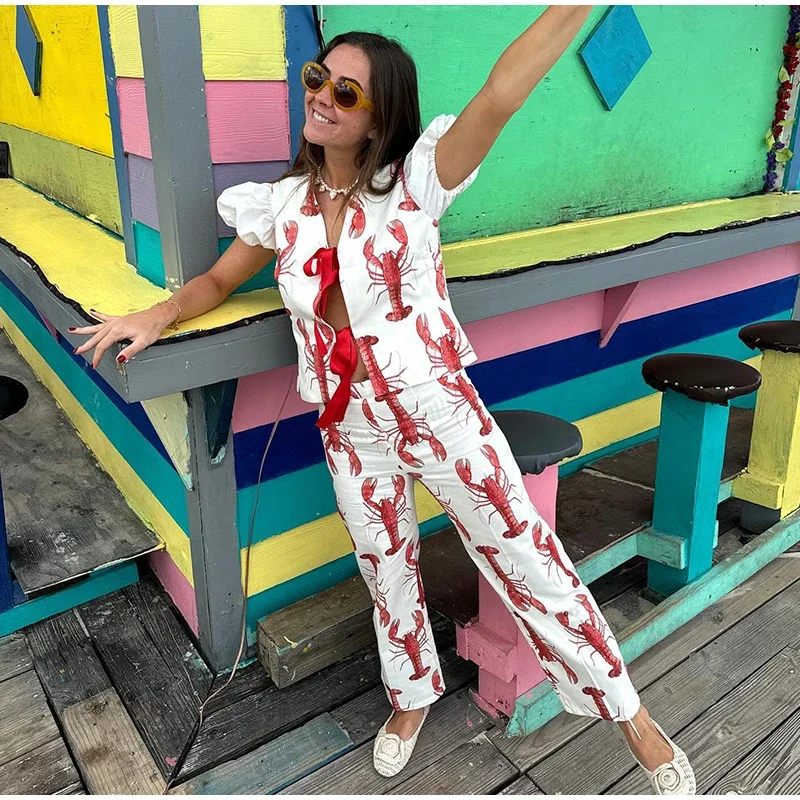 Cartoon Cray Printing Long Pants Set For Women 2025 Summer Short Sleeve Shirt High Waist Wide Leg Pant 2 Piece Sets Lady Outfits