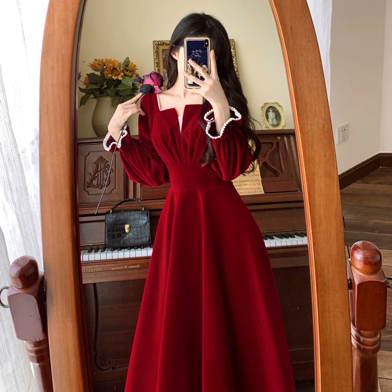 French Vintage A-line Wedding Party Dress Women Autumn Elegant Long Sleeve Backless Red Vestidos Mujer Princess Robe Spring New
