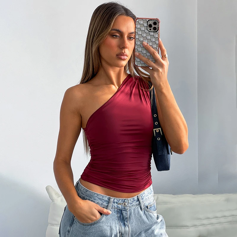 Solid Color One Shoulder Backless Tank Top T-Shirt Candy Color Sleeveless Slim Top