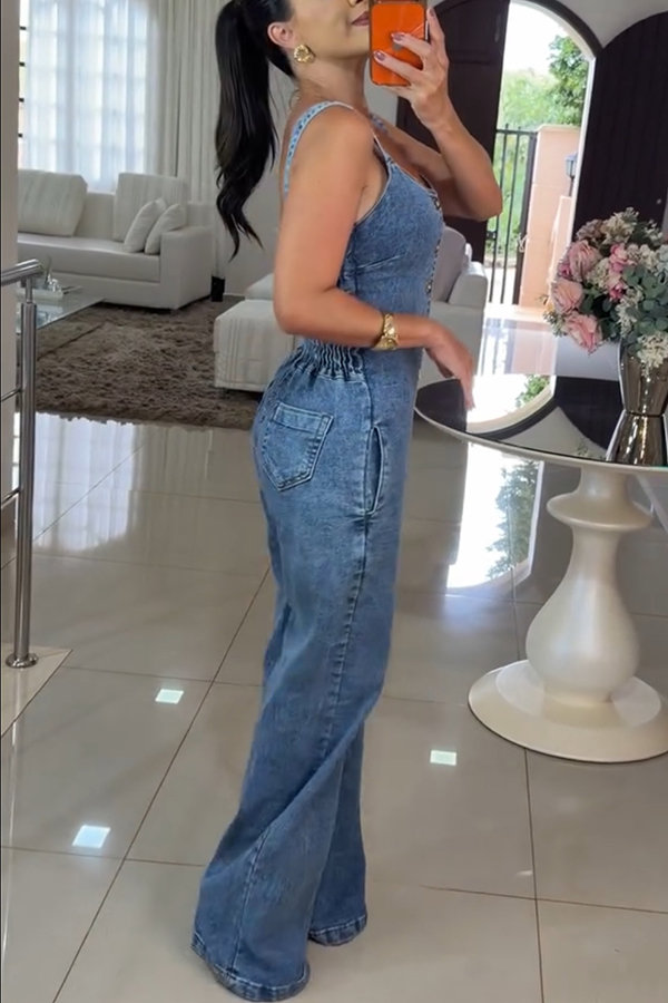 Heidi Denim Square Neck Button Back Smocked Pocket Flare Stretch Jumpsuit