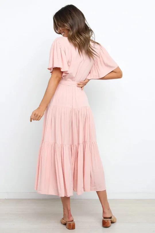 Trendy Solid Color Ruffles Long Dresses Women Sexy V-neck Ruffle Sleeves Leace-up Temperament Elegant Lady Dress 2025 Summer New 51 undefined