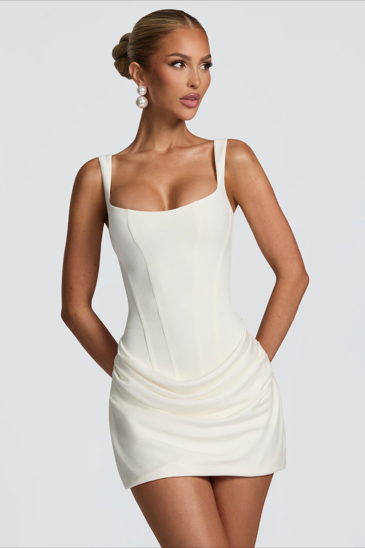 Corset Boned Square Neck Wide Strap Draped Ruched Bodycon Mini Dress