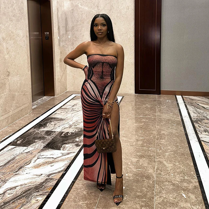 Women Vintage Butterfly Oil Painting Print Wrap Strapless High Split Prom Casual Gowns