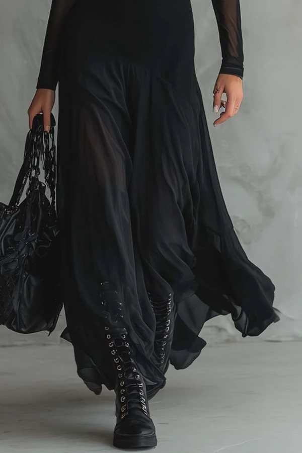 Fashionable Mesh-paneled Long-sleeved Slim-fit Maxi Dress