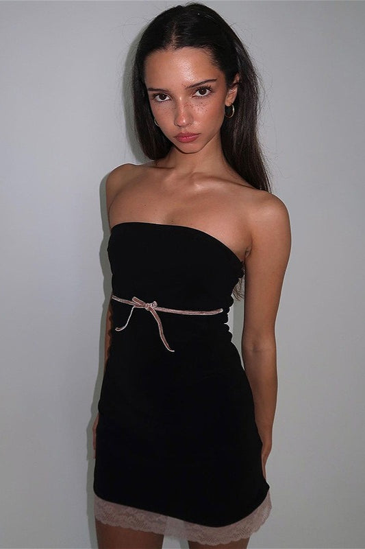 Strapless Empire Bow-Tie Lace-Trim Scalloped Hem Bodycon Mini Dress