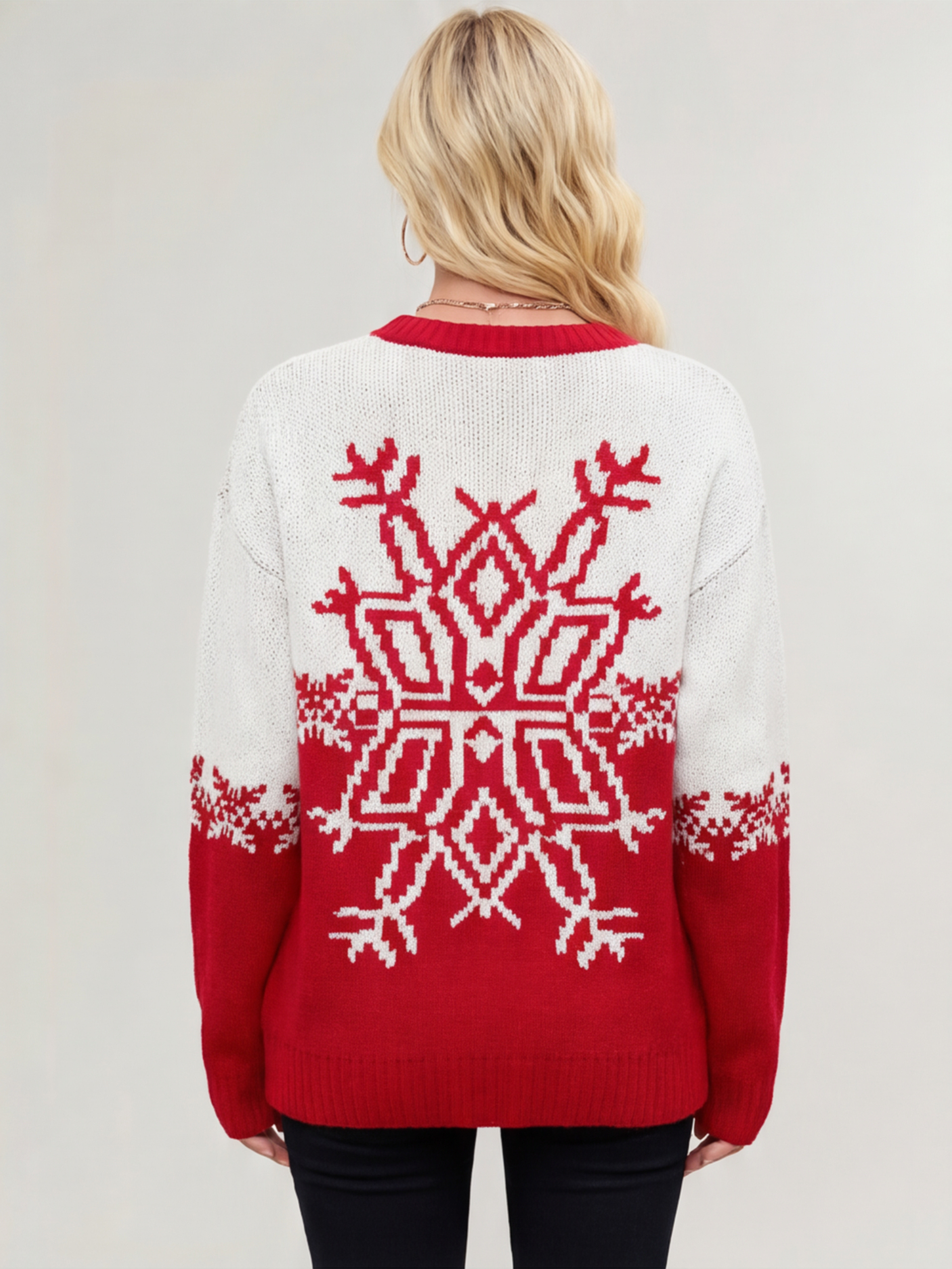 Snowflake Print Christmas Sweater Red White Knit Pullover For Women 2026