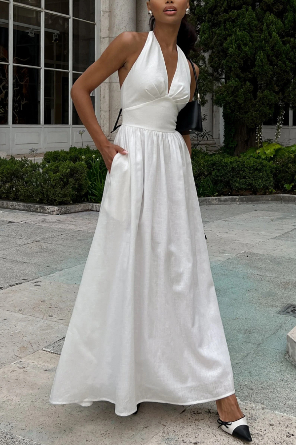 Solid Color Halter Neck Tie Elegant Backless Waist-cinching Maxi Dress