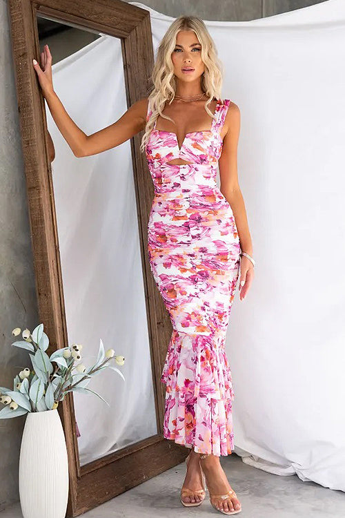 Square Neck Keyhole Cutout Ruched Floral Mermaid Flounce Hem Midi Dress