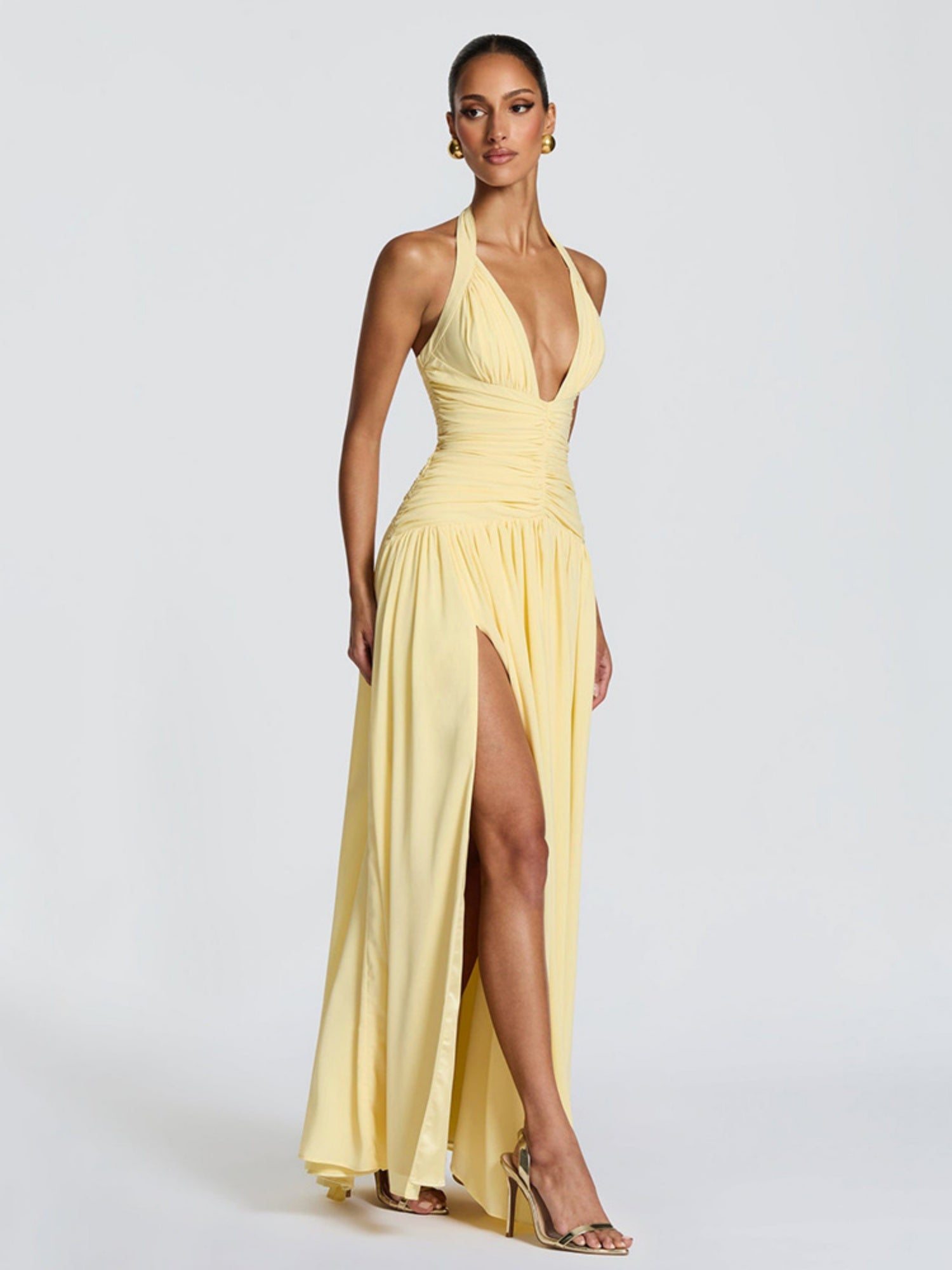 Pleated High Fork Halter Neck And Backless Maxi Dresses