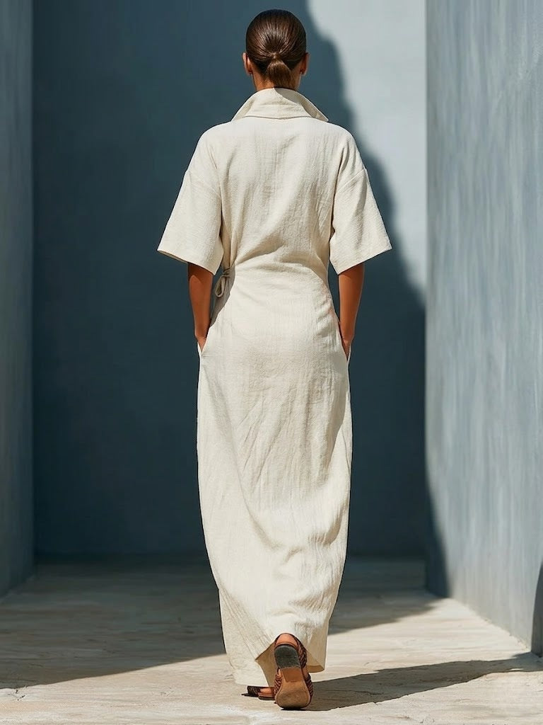 Casual V-neck Short-sleeved Tie-waist Solid Color Maxi Dresses