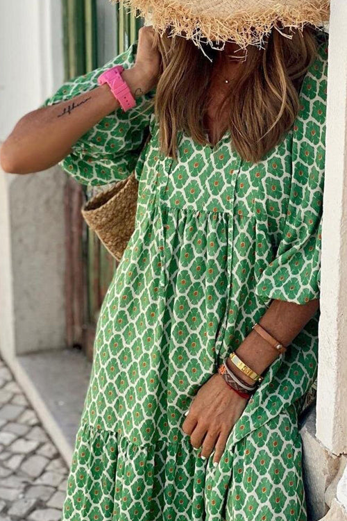 Geometric Lattice Print V-Neck Puff Sleeve Tiered Maxi Dress