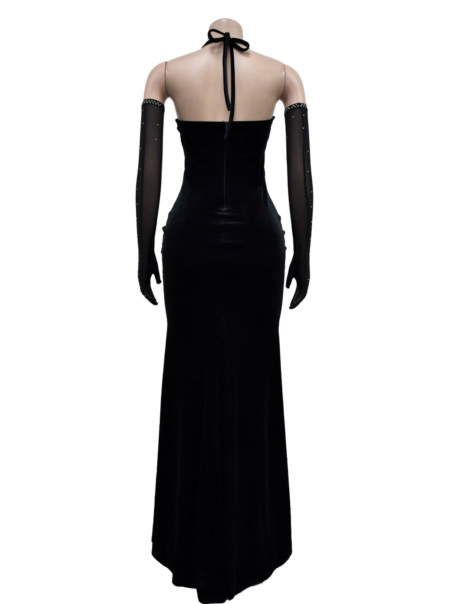 Lace And Velvet Patchwork Rhinestone-studded Evening Gown Mesh See-through Halter Neck Slit Maxi Dresses