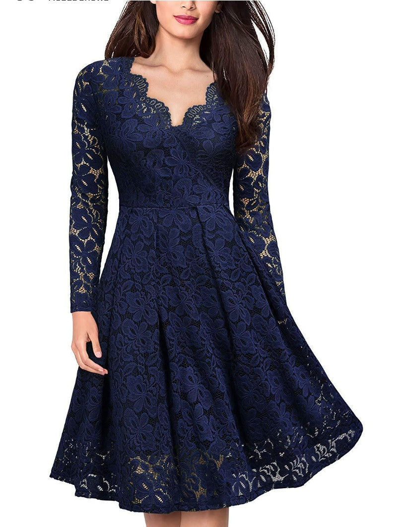 Long Sleeve Lace Solid Color Midi Dresses