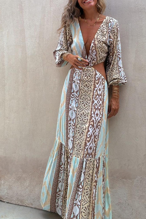 Patchwork Ikat Print V-Neck Wrap Tiered Ruffle Mini Dress