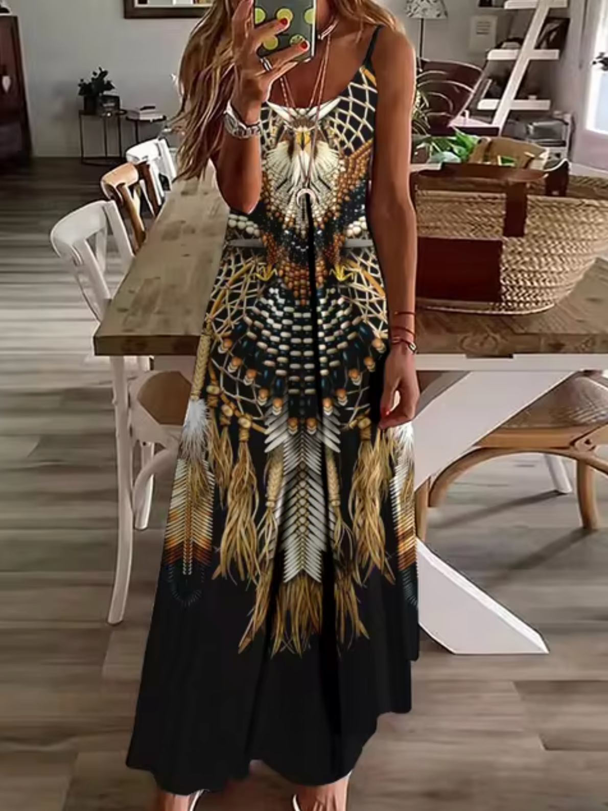 Deep V-Neck Turtle Dreamcatcher Feather Print Spaghetti Strap Maxi Dress