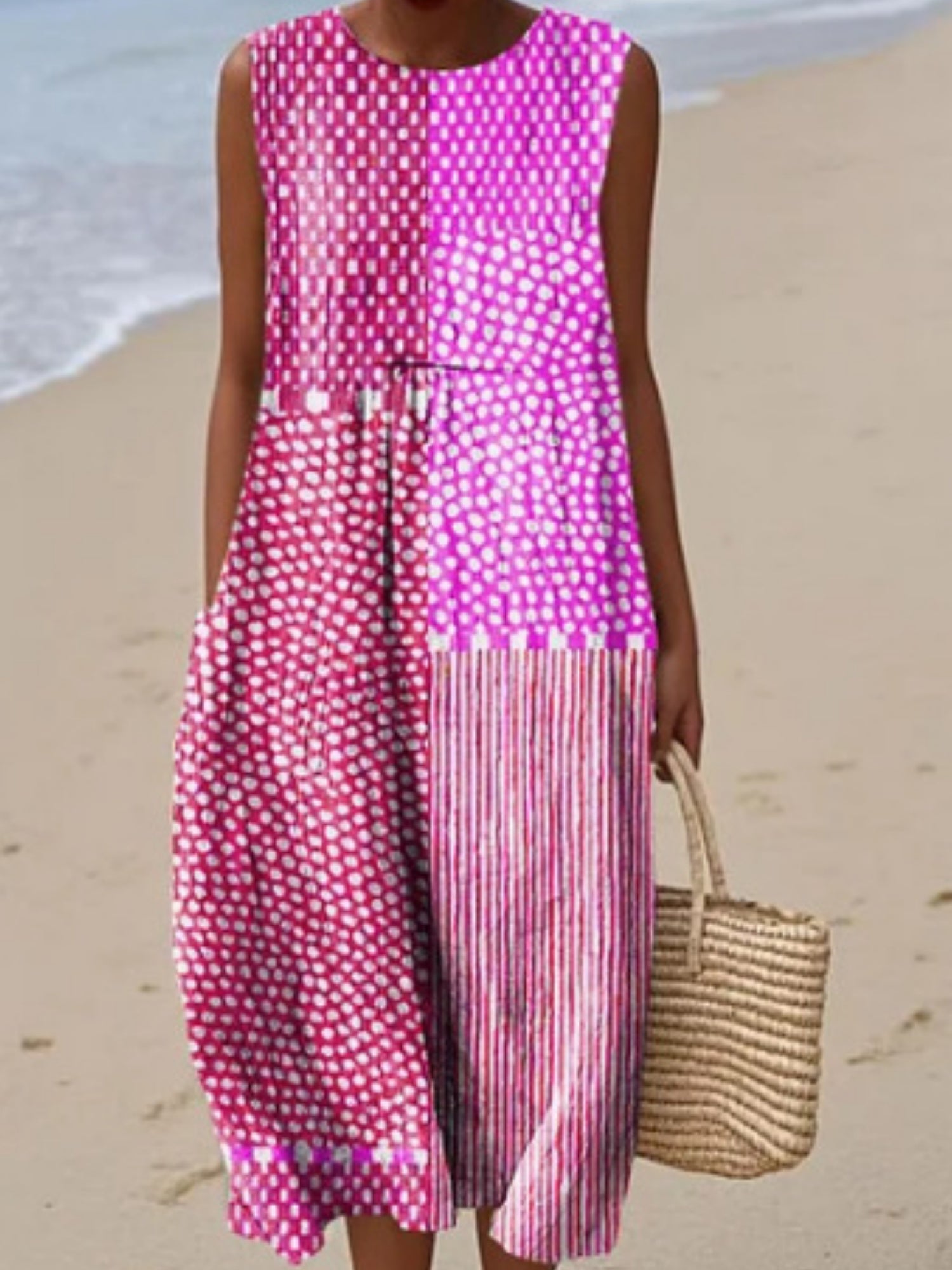 Printed Pocket Round Neck Sleeveless Maxi Dresses