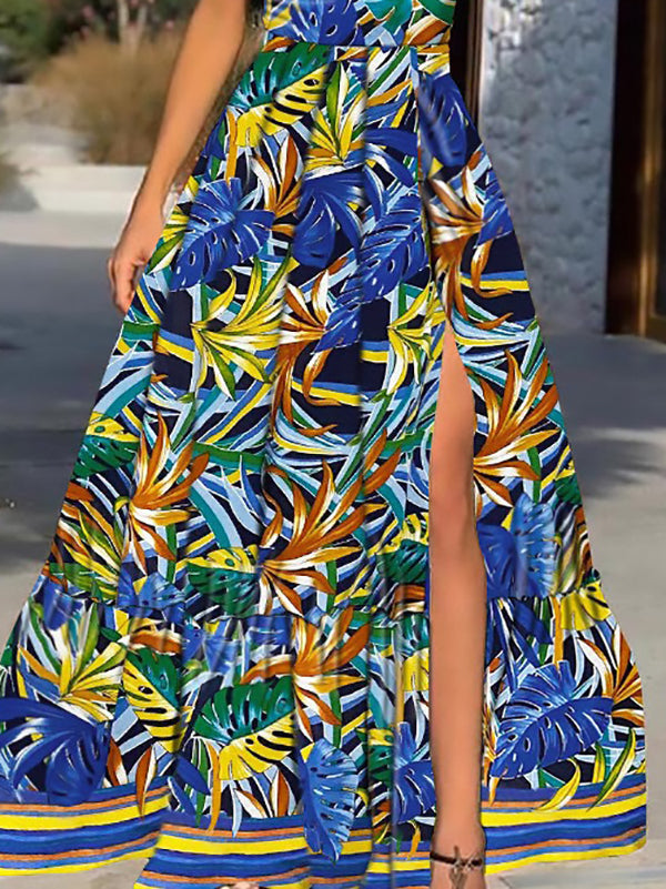 Tropical Leaf Print Deep V-Neck Spaghetti Strap High Slit Tiered Ruffle Maxi Dress