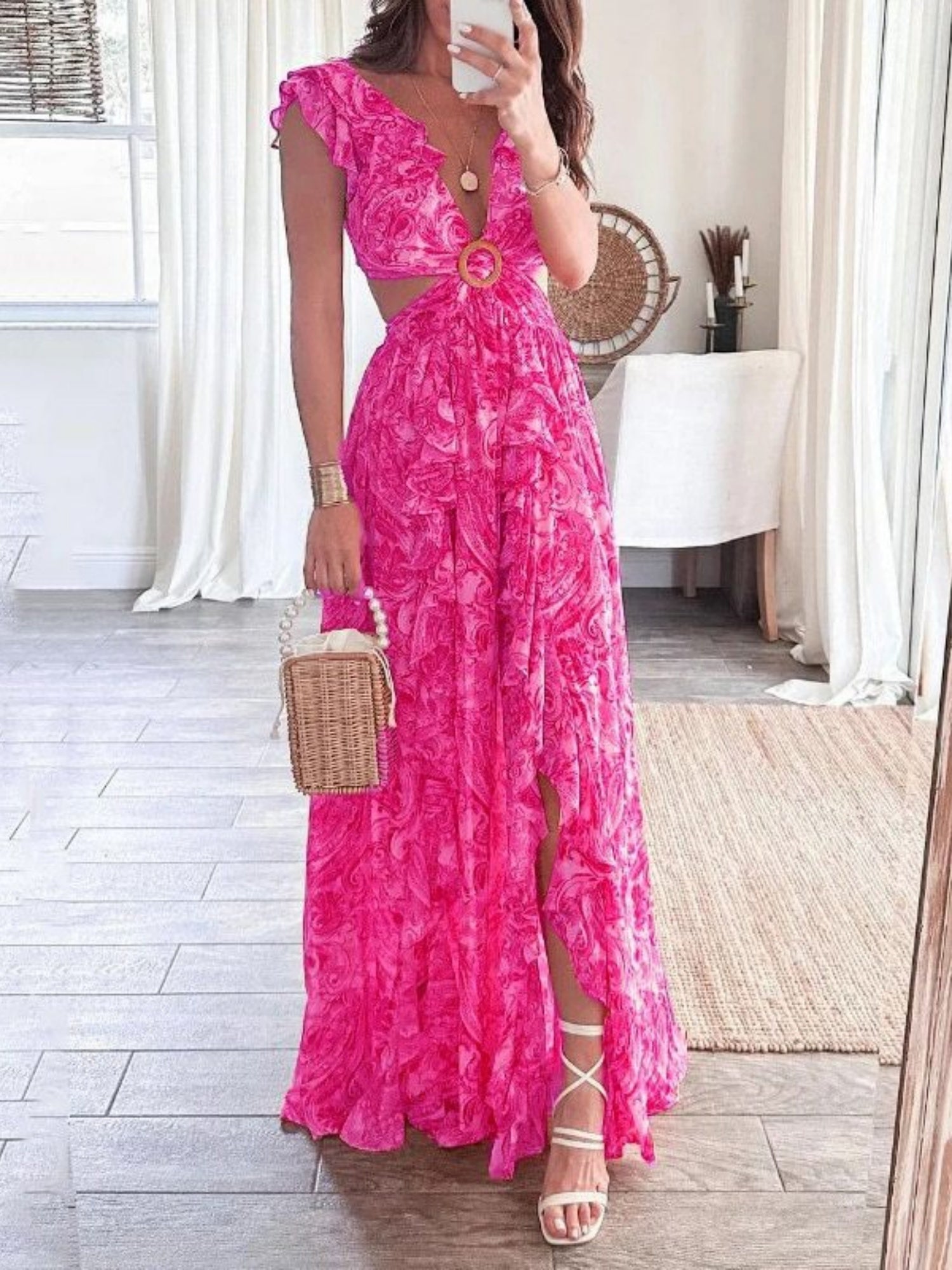 Printed Ruffle V-neck, Waist-revealing, Backless Slit Maxi Dresses