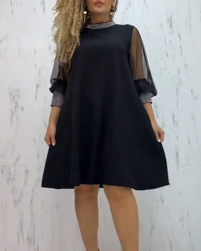 Sheer Puff Sleeve Rhinestone Grid Cuff A-Line Knee Length Dress