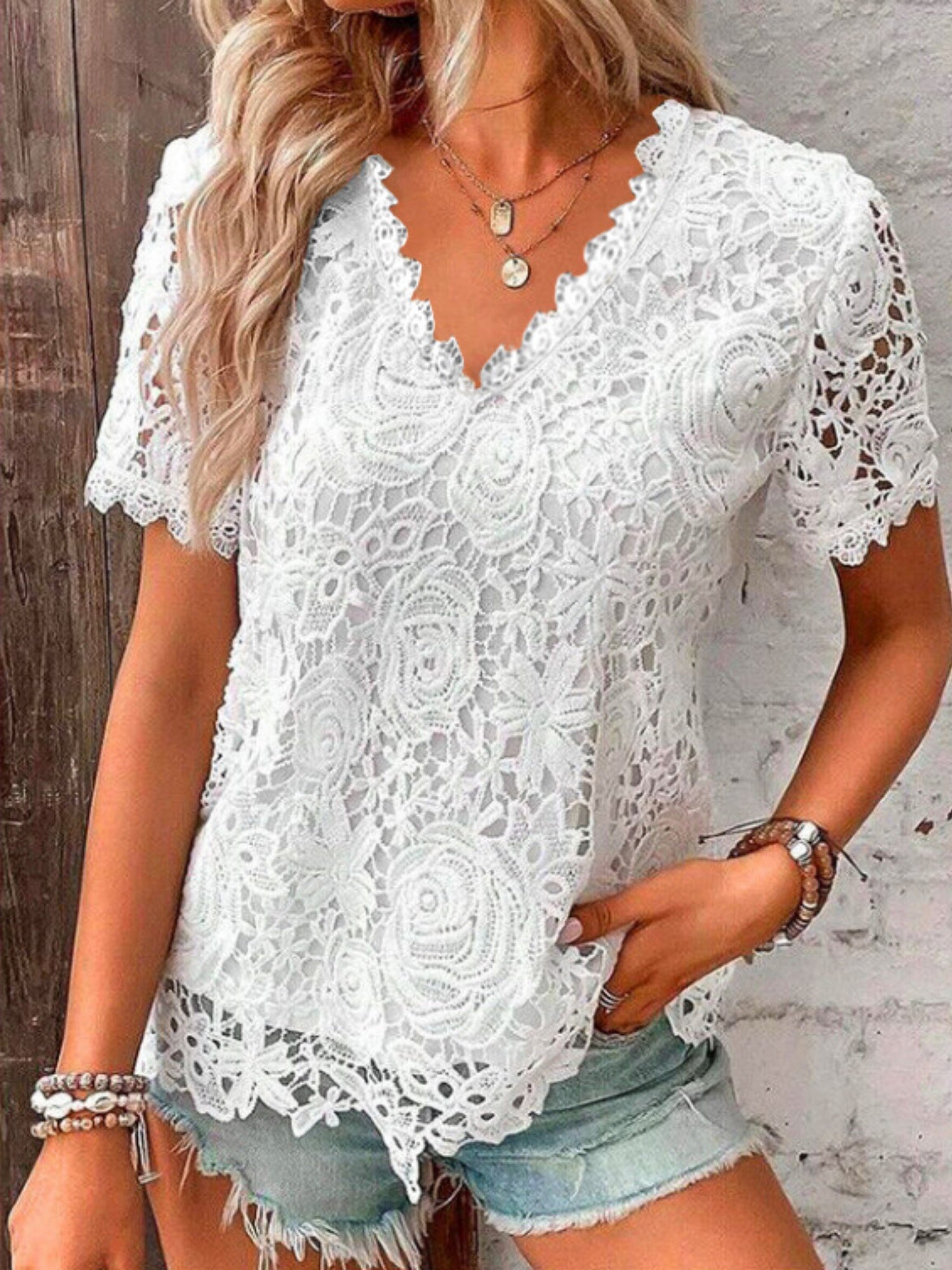 Lace Trim V-neck Short-sleeved T-shirt
