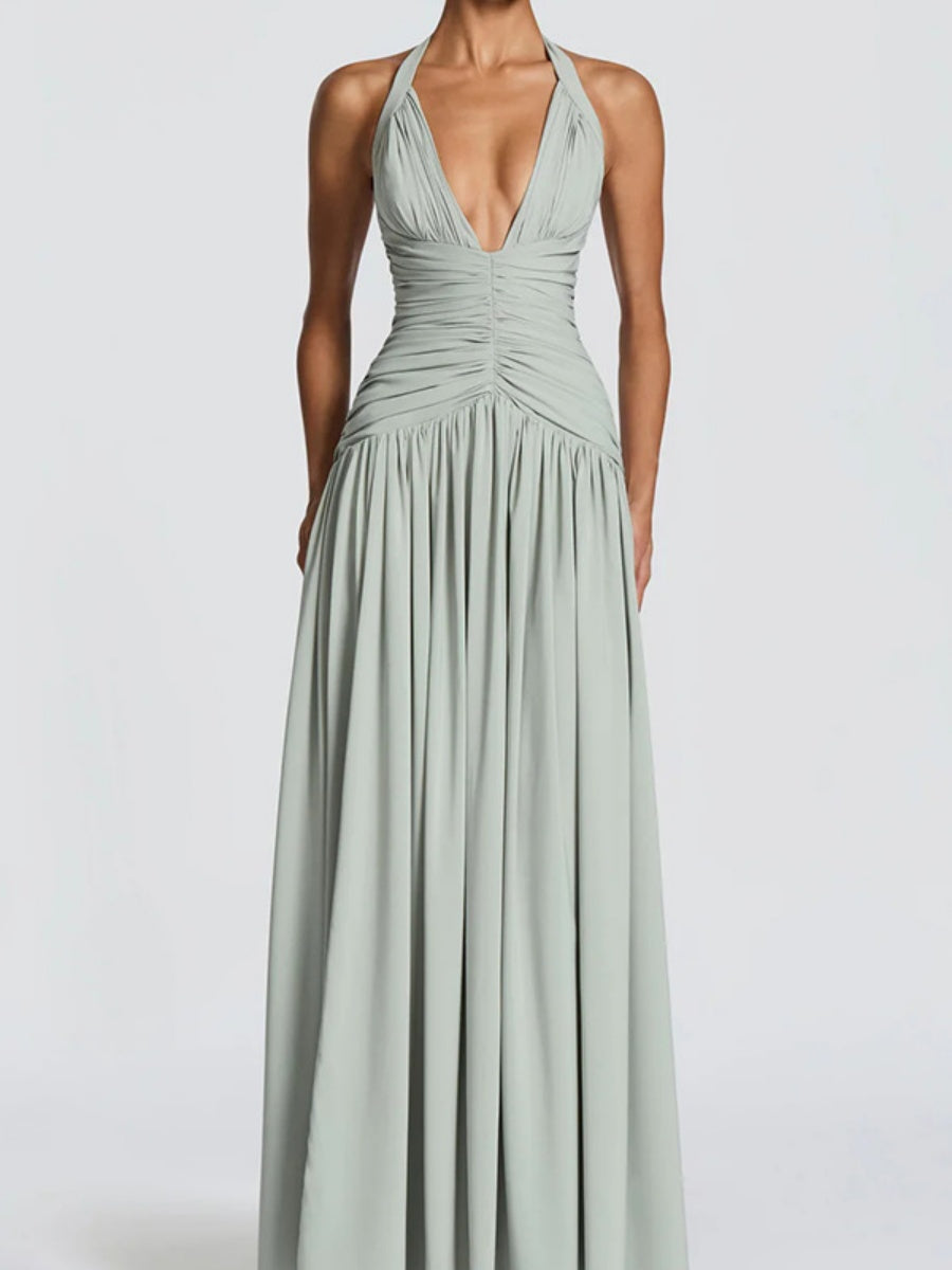 Deep V Halter Backless Maxi Dresses