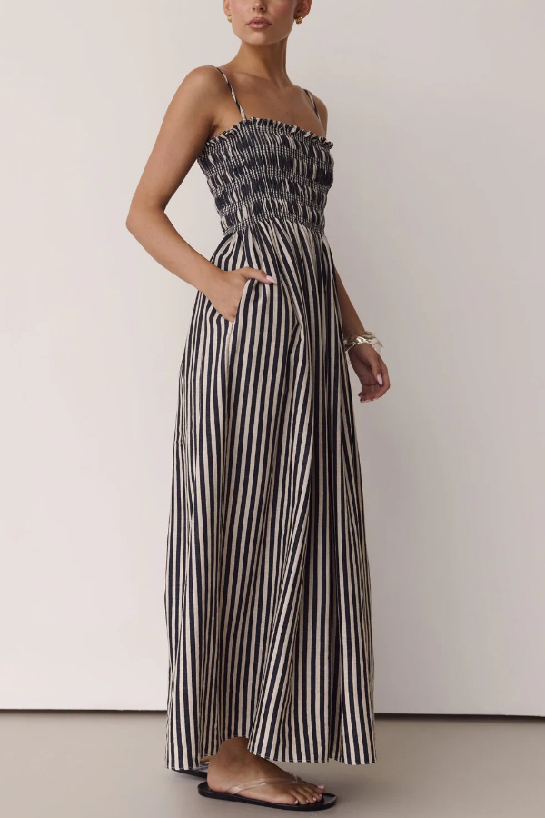 Striped Print Spaghetti Strap Pleated Pocket Casual Vacation Maxi Dress