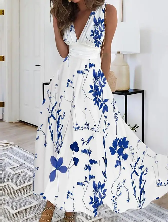 Summer Flower Printed Sleeveless Long Dresses Sexy V-neck Elegant Lady Party A-line Dress Fashion Chic Maxi Evening Vestidos New 7 undefined