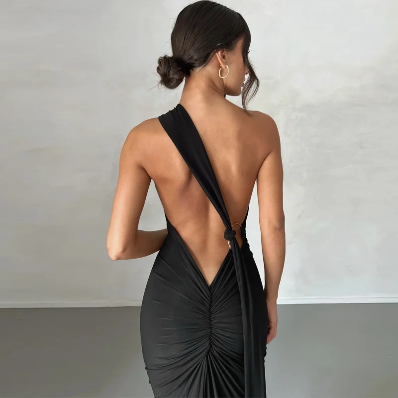 Ootddress Oblique Shoulder Backless Maxi Dress For Women Gown Summer Back Strap Sleeveless Ruched Party Sexy Long Dress Vestidos