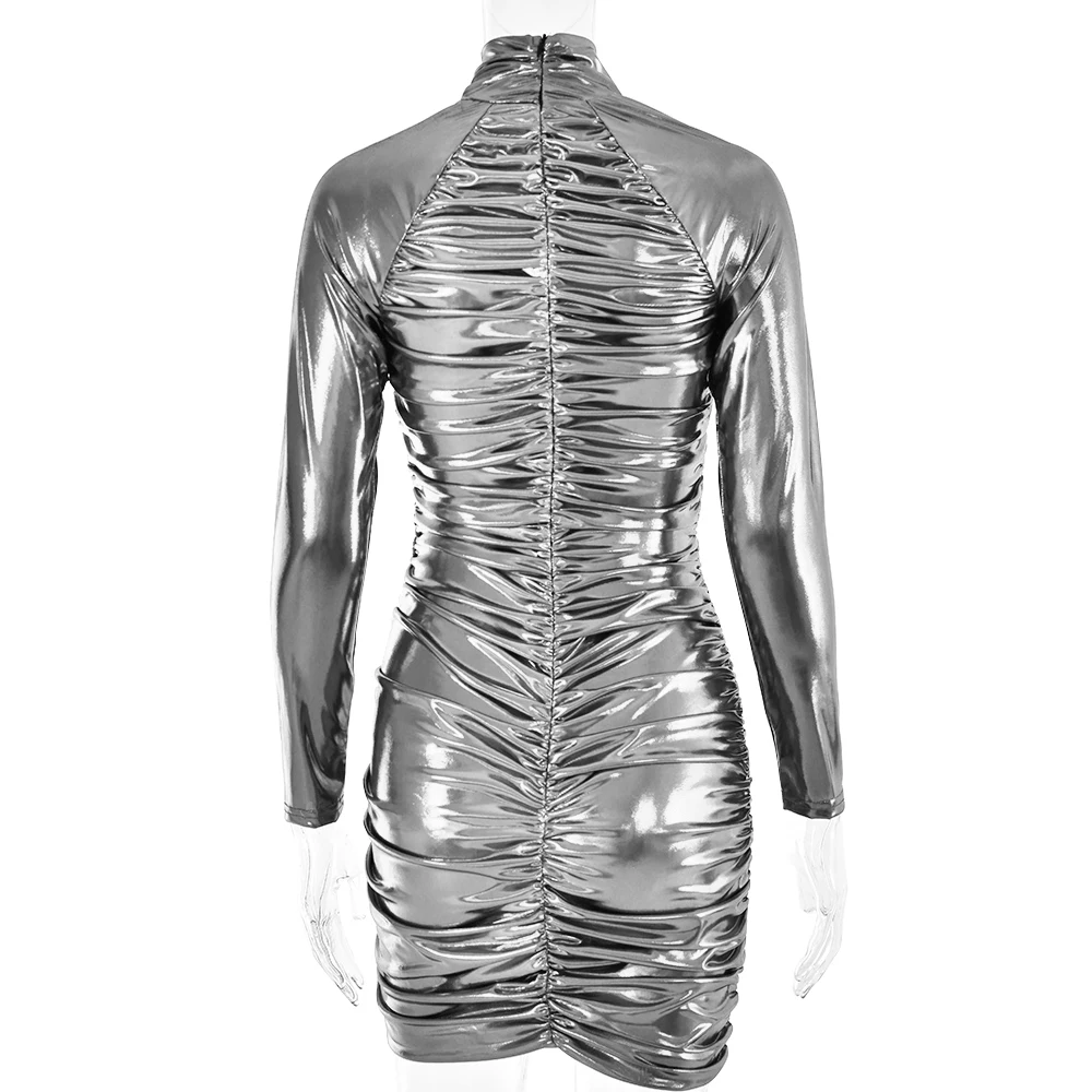 Ootddress Autumn Leather Long Sleeve Pleated Dress For Women Zipper Tight Irregular Female Dress Party Club Sheath Vestidos