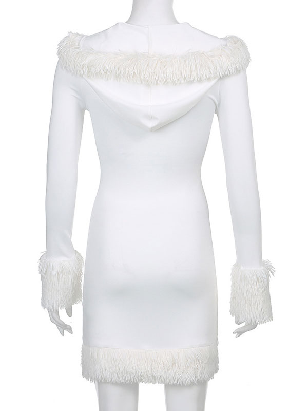 Women Bodycon Dress White Hooded Long Sleeves Stretch Christmas Halloween Cos Holiday Dresses