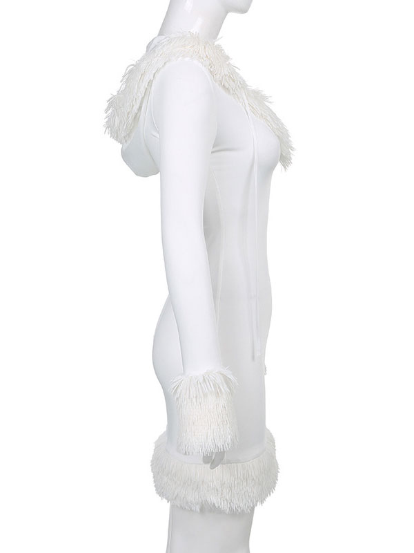 Women Bodycon Dress White Hooded Long Sleeves Stretch Christmas Halloween Cos Holiday Dresses